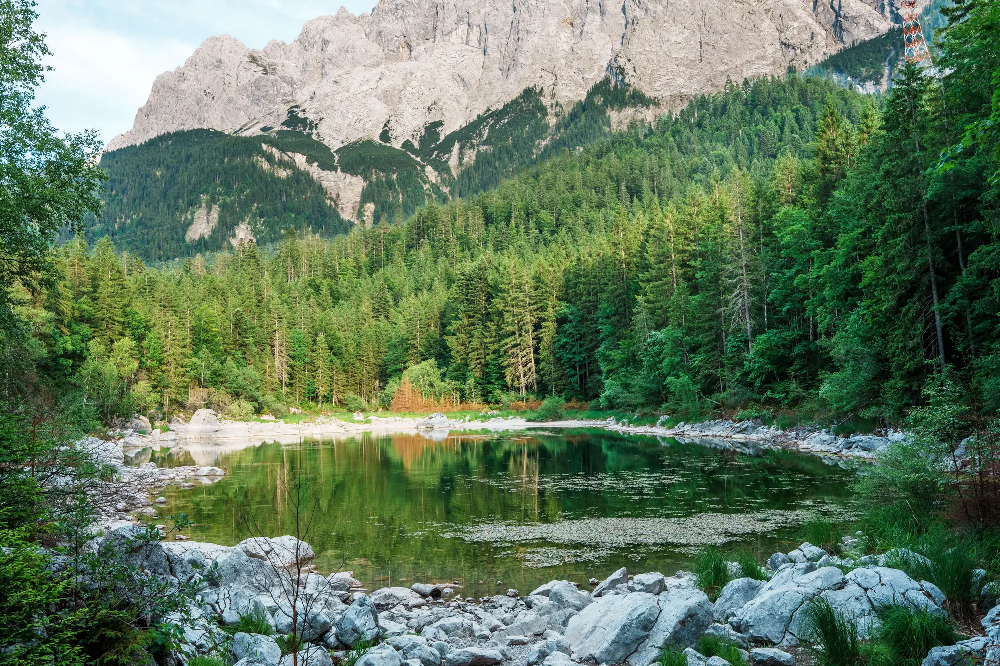 A still mountain lake below forested cliffs, the far shore lost in low cloud.